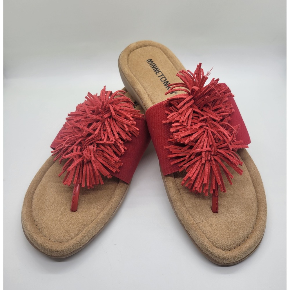 Minnetonka Tricia Fringe Pom Pom Sandals Women 7M Red Slide Thong Boho Flip Flop